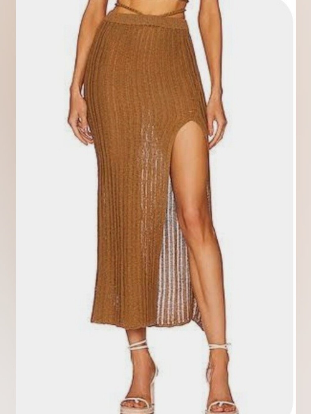Michael Costello Brown Ribbed Knit Maxi Skirt with Front Slit